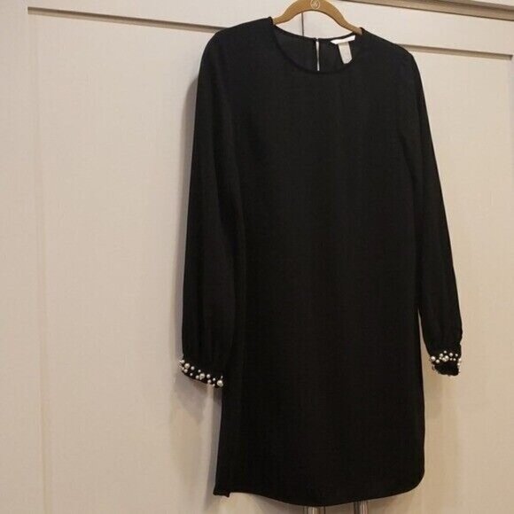 NWT H&M Black Cocktail Shift Dress with Pearl Cuff 8 - Picture 3 of 5